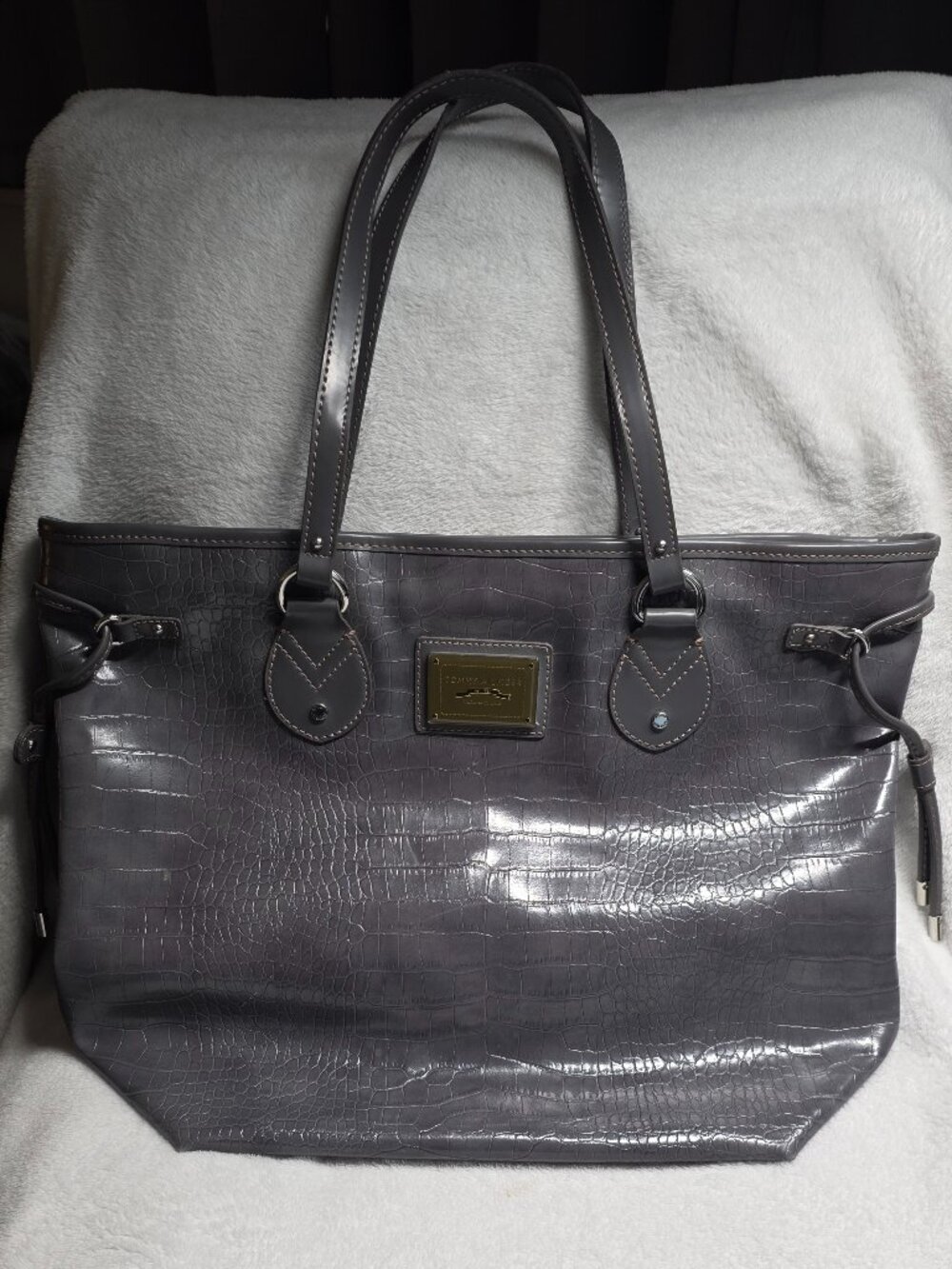 Tommy Hilfiger Gray Crocodile-Embossed Finish Large Tote Bag